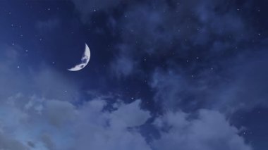 Kabarık kümülüs bulutları arasında fantastik bir yarım ay ve yıldızlı gece gökyüzü gibi düşün. Romantik gece vakti bulutlu cennet. Fotokopi alanı ve 3 boyutlu animasyonu olan doğal arka plan..