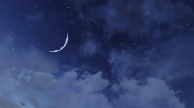 Kabarık kümülüs bulutları arasında fantastik büyük bir yarım ay olan yıldızlı gece gökyüzü gibi düşün. Romantik gece vakti bulutlu cennet ve yeni ay. Fotokopi alanı, 3 boyutlu animasyon..