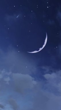 Muhteşem büyük ay ve düşen yıldızlar kümülüs bulutları arasında meteor yağmuru olan yıldızlı bir gece gibi düşün. Sihirli gece vakti bulutlu cennet ve yeni ay doğal arka plan, dikey çekim 3 boyutlu animasyon.
