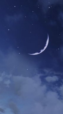 Tüylü kümülüs bulutları arasında fantastik büyük yarım ay ile sihirli yıldızlı gece gökyüzü. Romantik gece vakti bulutlu cennet ve yeni ay. Fotokopi alanı, dikey görüntü 3 boyutlu animasyon..