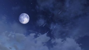 Fevkalade büyük dolunay ve kayan yıldızlarla dolu yıldızlı gece gökyüzü gibi kabarık kümülüs bulutları arasında göktaşı yağmuru. Sihirli gece bulutlu cennet doğal arka plan, 3 boyutlu animasyon.