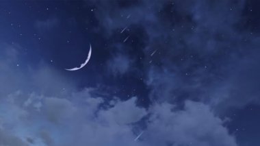 Fevkalade bir yarım ay ve düşen yıldızlarla dolu yıldızlı gece gökyüzü gibi kabarık kümülüs bulutları arasında göktaşı yağmuru. Sihirli gece bulutlu cennet ve yeni ay doğal arka plan, 3 boyutlu animasyon.