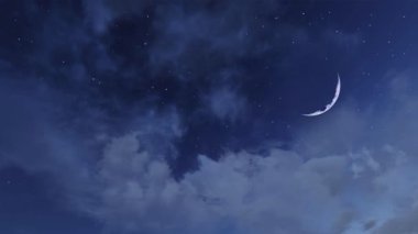Kabarık kümülüs bulutları arasında fantastik büyük bir yarım ay olan yıldızlı gece gökyüzü gibi düşün. Fantezi gece vakti bulutlu cennet ve yeni ay. Fotokopi alanı, 3 boyutlu animasyon..