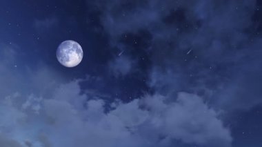 Fevkalade büyük dolunay ve kayan yıldızlarla dolu yıldızlı gece gökyüzü gibi kabarık kümülüs bulutları arasında göktaşı yağmuru. Romantik gece vakti bulutlu cennet, uzayda uçmak 3 boyutlu fantezi animasyonu.