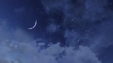 Muhteşem bir yarım ay ve düşen yıldızlar kümülüs bulutları arasında göktaşı yağmuru. Sihirli gece bulutlu cennet ve yeni ay, uzayda 3 boyutlu animasyon uçuyor..