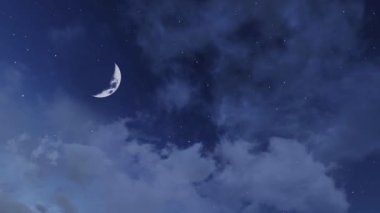 Kabarık kümülüs bulutları arasında fantastik büyük bir yarım ay olan yıldızlı gece gökyüzü gibi düşün. Romantik gece vakti bulutlu cennet. Fotokopi alanı olan doğal arka plan. Uzay fantezisi içinde uçan 3 boyutlu animasyon..