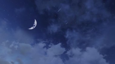 Fevkalade büyük ay ve düşen yıldızlar ile romantik yıldızlı gece gökyüzü tüylü kümülüs bulutları arasında meteor yağmuru. Sihirli gece bulutlu cennet, uzay fantazisinde üç boyutlu animasyon.