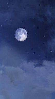 Kabarık kümülüs bulutları arasında muhteşem bir dolunay olan yıldızlı gece gökyüzü gibi düşün. Sihirli gece bulutlu cennet doğal dikey arkaplan, uzay fantezisi içinde uçuyor 3D animasyon.