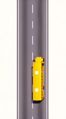 Beyaz arka planda izole edilmiş boş asfalt yolda ilerleyen geleneksel sarı Amerikan okul otobüsü manzarası. Dikey çizgi film konsepti 3 boyutlu animasyon.