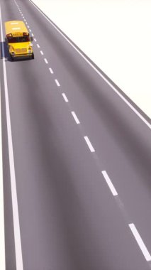 Beyaz arka planda izole edilmiş, boş asfalt yolda ilerleyen çizgi film sarı Amerikan okul otobüsünün yüksek açılı görüntüsü. Dikey minimalist konsept 3D animasyon.