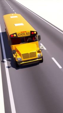 Beyaz arka planda izole edilmiş boş asfalt yolda geleneksel sarı Amerikan okul otobüsünün yüksek açılı görüntüsü. Dikey çizgi film konsepti 3 boyutlu animasyon.