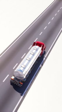 Karikatür petrol tankerinin yüksek açılı görüntüsü krom metal gaz sarnıçları ya da beyaz arka planda izole edilmiş boş otoyolda benzin deposu sürüşü. Dikey minimalist konsept 3D animasyon.