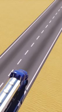 Krom metal gaz sarnılı çizgi film yük kamyonunun yüksek açılı görüntüsü ya da kum çölünün ortasındaki boş asfalt yolda ilerleyen petrol deposu. Yakıt taşımacılığı teması konsepti dikey 3B canlandırma.