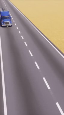 Metal gaz deposu ya da benzin deposu olan karikatür petrol tankerinin yüksek açılı görüntüsü soyut kum çölünün ortasındaki boş asfalt yolda ilerliyor. Yakıt taşımacılığı konsepti dikey 3D canlandırma.