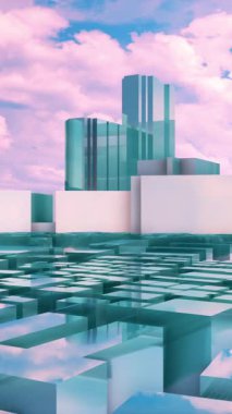 Günbatımı bulutlu gökyüzüne karşı modern gökdelenler Tokyo şehri Shinjuku semti gökdelenleri ile soyut ayna yansıtıcı şehir manzarasının dikey görüntüsü. İnsanların mimari konsepti 3 boyutlu animasyon yok.