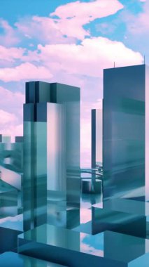 Soyut ayna yansıtıcı şehir siluetinin dikey panoramik görüntüsü modern yüksek binalar gökdelenler Tokyo şehri Shinjuku bölgesi bulutlu gökyüzüne karşı. Mimari konsept 3 boyutlu animasyon.