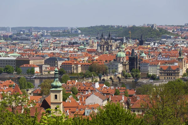 布拉格春天的城市 有圣尼古拉斯大教堂和五彩缤纷的大自然 还有来自捷克共和国彼得林山的繁茂的草原 — 图库照片