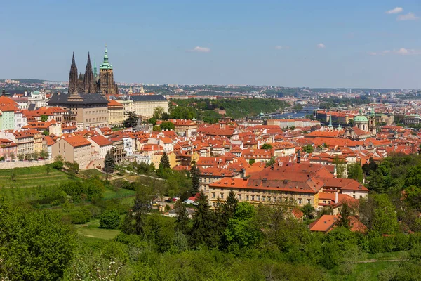 Wiosna Miasto Praga Gotyckim Zamkiem Kolorową Przyrodą Kwitnącymi Łąkami Wzgórza — Zdjęcie stockowe