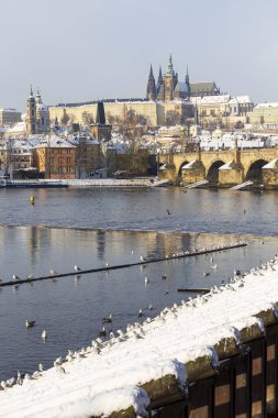 Prag Kalesi ve Vltava Nehri üzerindeki Charles Köprüsü ile Karlı Prag Küçük Kasabası, Çek Cumhuriyeti