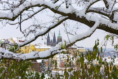 Çek Cumhuriyeti 'nin Petrin Tepesi' nden Gotik Şatosu ile Karlı Prag Şehri