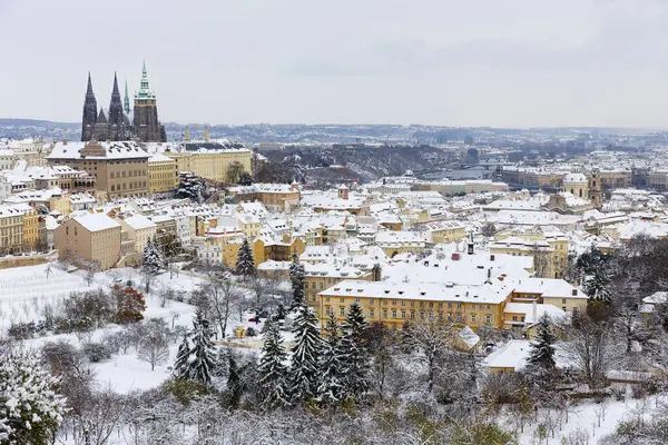 Çek Cumhuriyeti 'nin Petrin Tepesi' nden Gotik Şatosu ile Karlı Prag Şehri