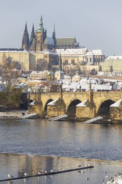Çek Cumhuriyeti Vltava Nehri üzerinde Prag Kalesi bulunan Karlı Prag Küçük Kasabası 