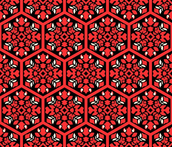 Japanese Red Flower Hexagon Vector Seamless Pattern — 스톡 벡터