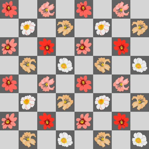 Japanese Pretty Flower Checkered Vector Seamless Pattern — Stock Vector