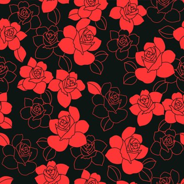 Japon Kırmızı Kara Gül Motif Vektörü Kusursuz Desen