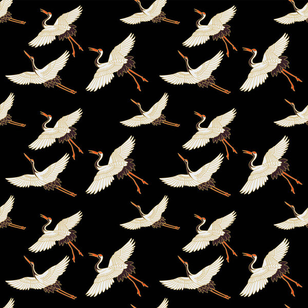 Japanese Flying Crane Bird Vector Seamless Pattern