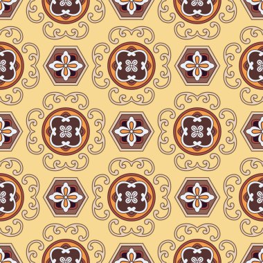 Japanese Round Flower Motif Hexagon Vector Seamless Pattern