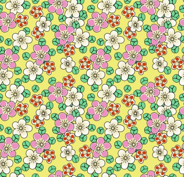 Japon Yuvarlak Şirin Çiçek Yaprak Vektörü Kusursuz Desen