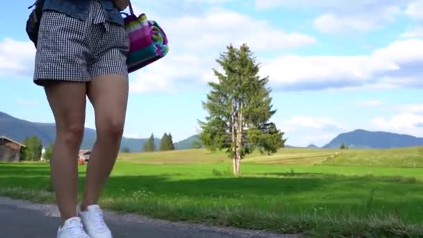 Una Chica Con Una Mochila Camina Por Camino Contra Telón — Vídeos de Stock