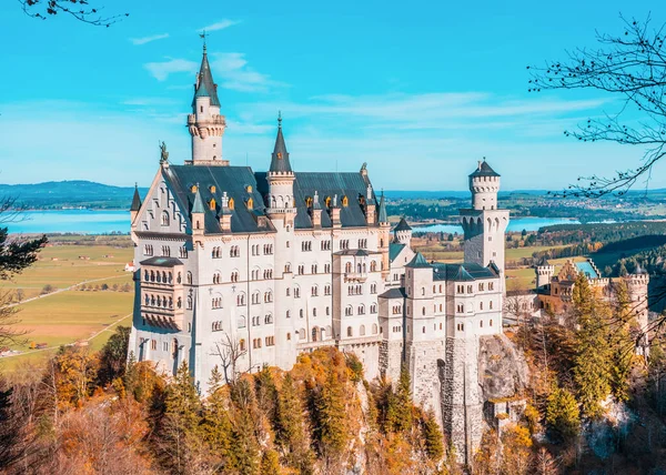 Gün doğumunda Neuschwanstein Şatosu. Schwangau, Almanya.