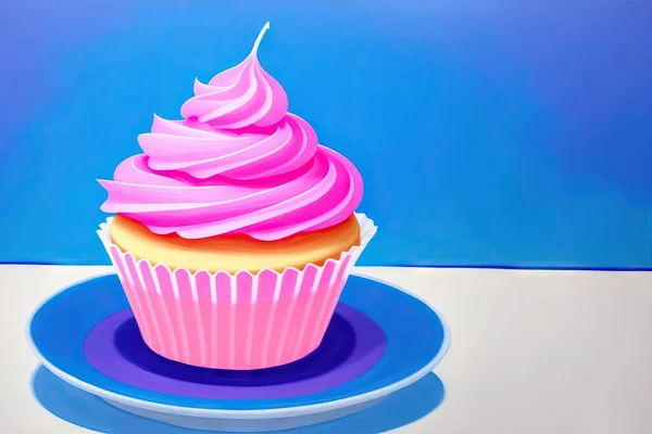 Mavi arka planda pembe kremalı kek.
