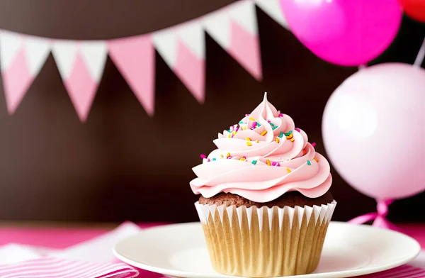 Pembe kremalı kek ve arka planda renkli balonlar.. 