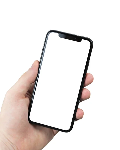 Mãos Close Usando Mockup Smartphone Com Fundo Branco — Fotografia de Stock