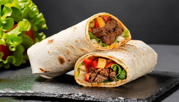 Burritos Mit Rindfleisch Und Gemüse Auf Schwarzem Hintergrund Beef Burrito — Stockfoto