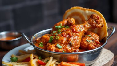 Karahi usulü tavuk, sebze ve ekmek Pakistan usulü. 