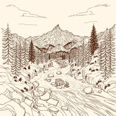 Serin bir dağ manzarasının çizgili sanat tasviri akan bir nehir ve bazı çam ağaçları ile