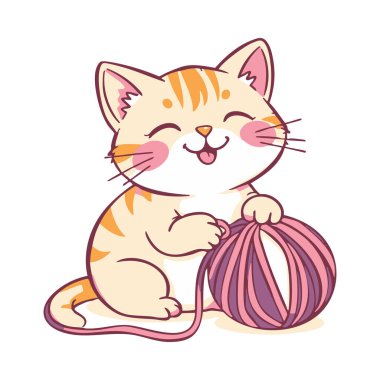 Mutlu küçük bir kedi İplik yumağıyla oynuyor