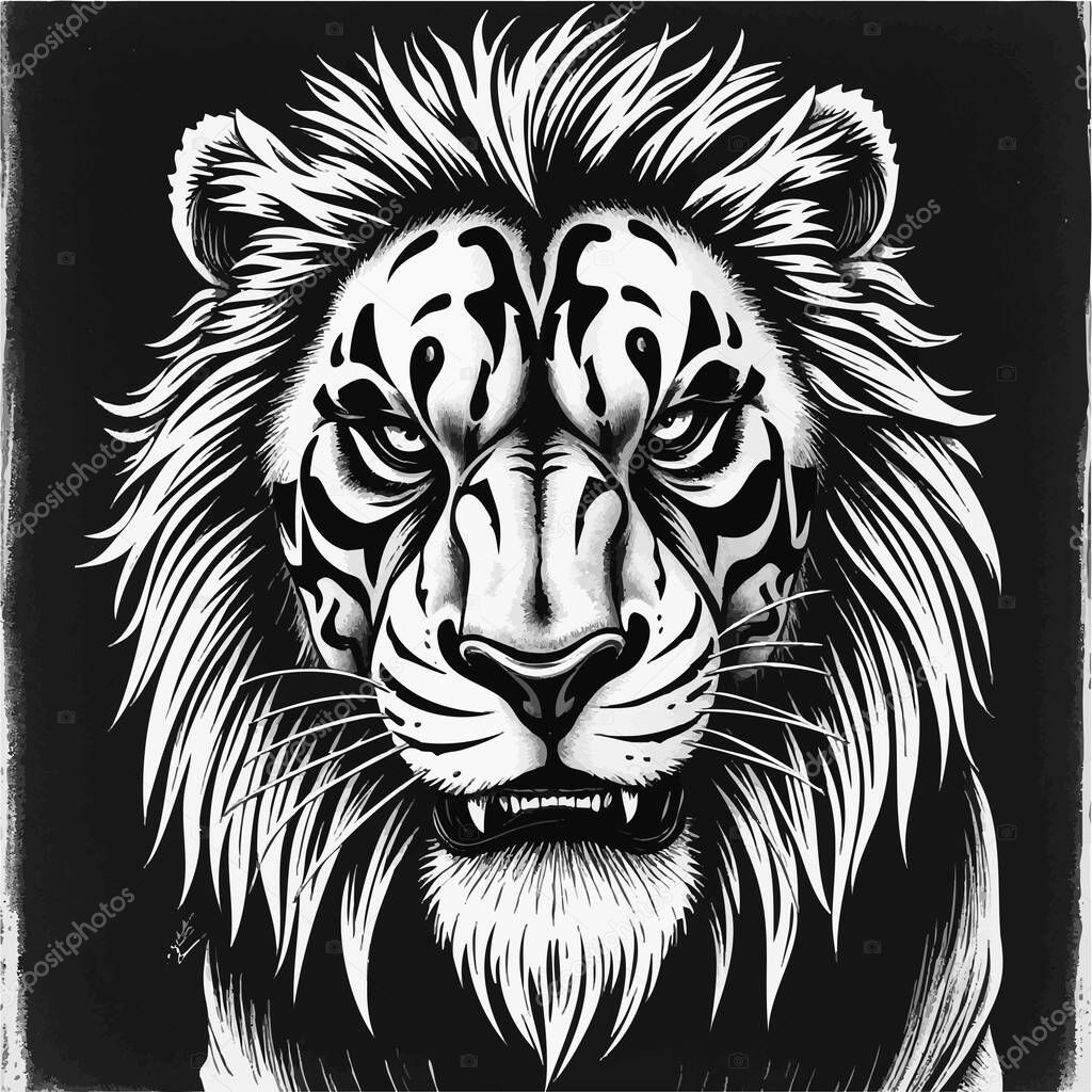 Battle Scarred Lion  tribal-style scars, intense expression