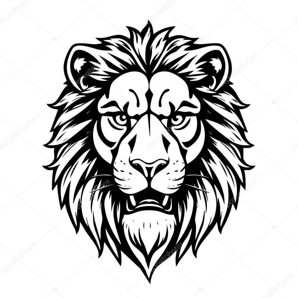 Lion head mascot, symmetrical, with a strong gaze and clean black outlines.