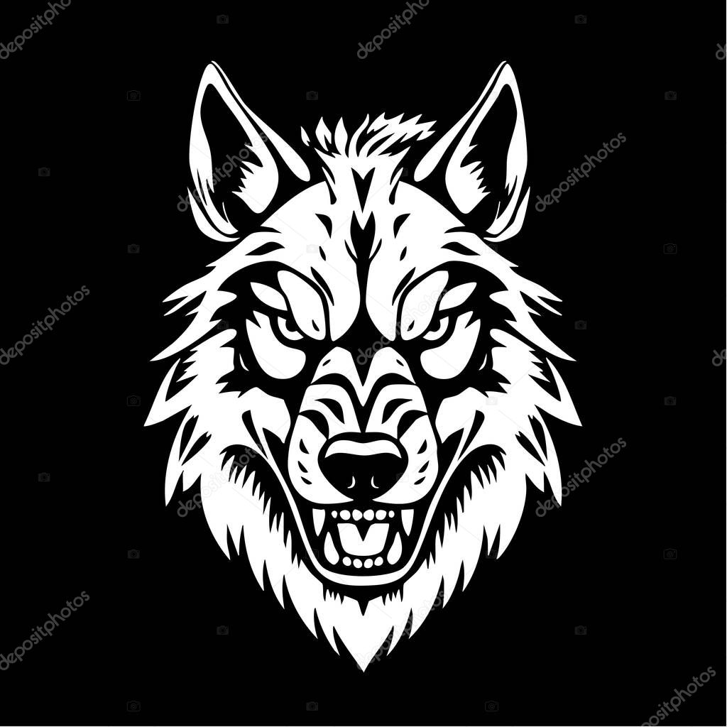 Wolf face logo in bold vector lines, fierce and sharp, perfect for eSports or branding.