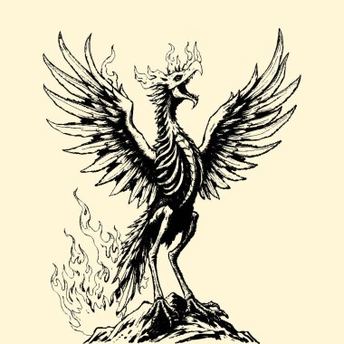 Grim Phoenix siyahı iskelet şeklinde yükseliyor, yanan kül fırçaları