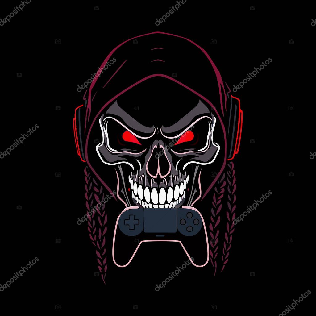 Dark Masked Gamer Skull  controller in mouth, bold graffiti lines