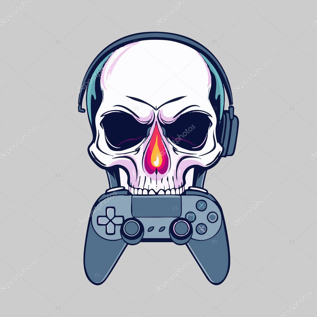 Masked Gamer Skull  controller in mouth, bold graffiti lines