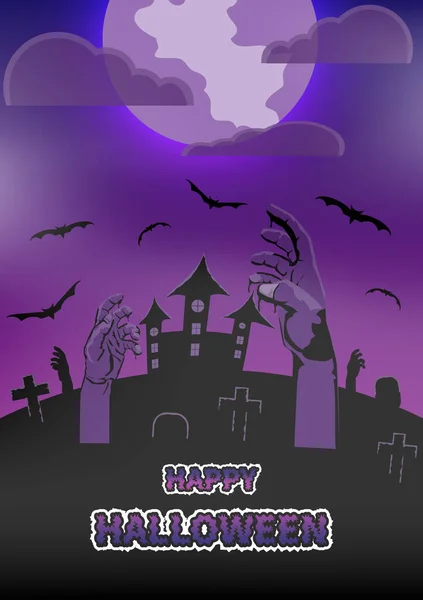 Vektor Illustration Halloween Silhuett Med Element Hand Zombie Fullmåne Slott — Stock vektor