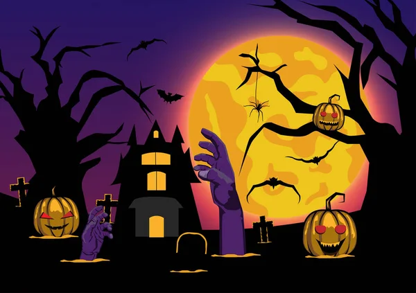 Vektor Illustration Halloween Silhuett Med Element Träd Fullmåne Slott Pumpor — Stock vektor