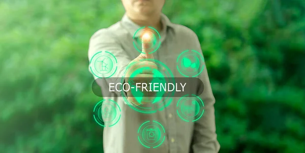 Hand Touch Hologramm Energie Sparen Und Die Globale Erwärmung Verringern — Stockfoto
